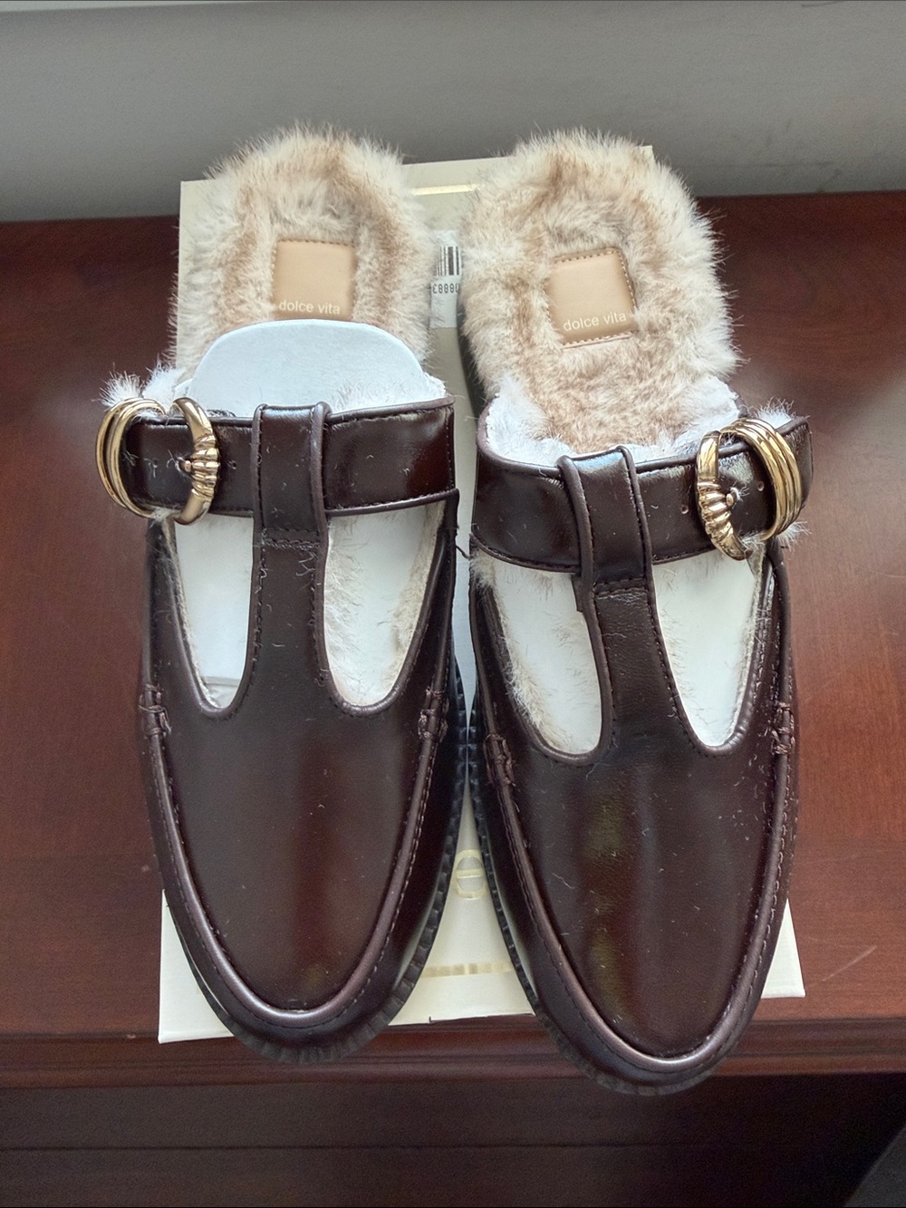 Dolce Vita Dark Brown Leather Fur-Lined Slip-On Mules with Gold Buckle